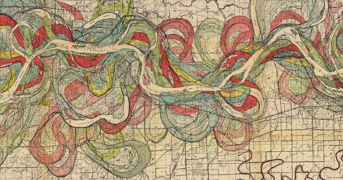 Image of Map of Louisiana showing the Mississippi Way with its estuary