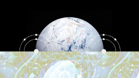 Partially obscured view of earth against a black background with a decorative abstract border along the bottom edge.