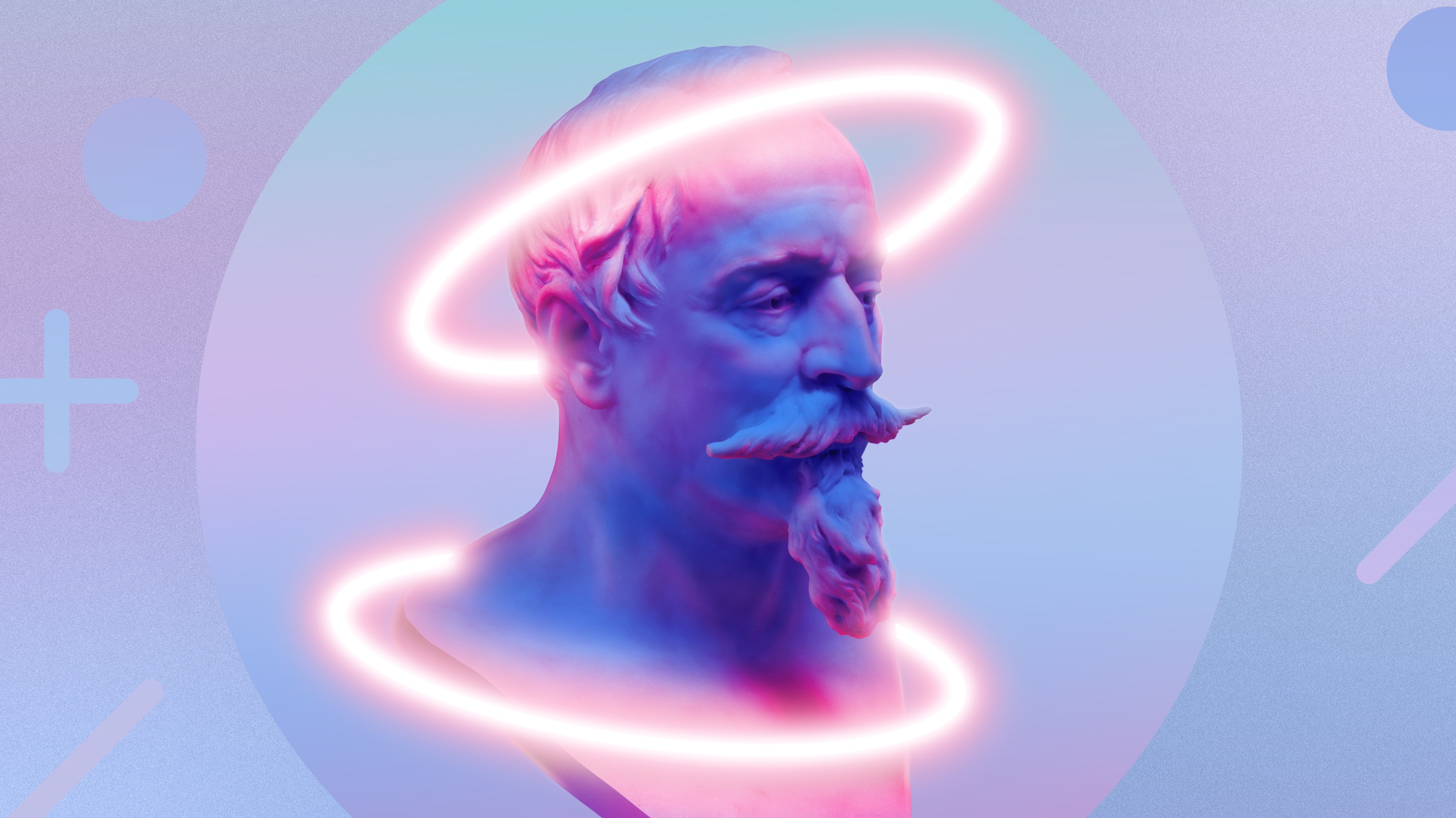 a portrait of a man with a neon light around his face.