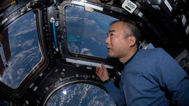 JAXA astronaut Soichi Noguchi views the Earth from the International Space Station's cupola.