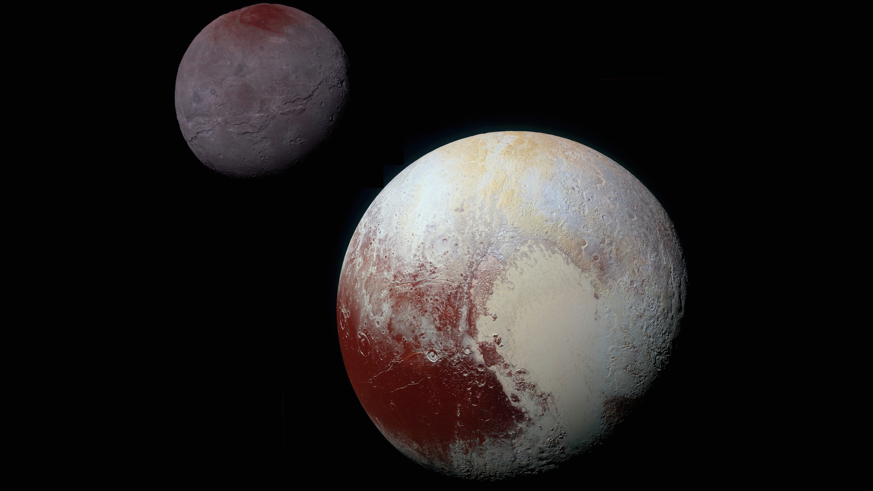 A color-enhanced image shows Pluto planet in the foreground with its moon Charon in the background, both set against a black space backdrop.