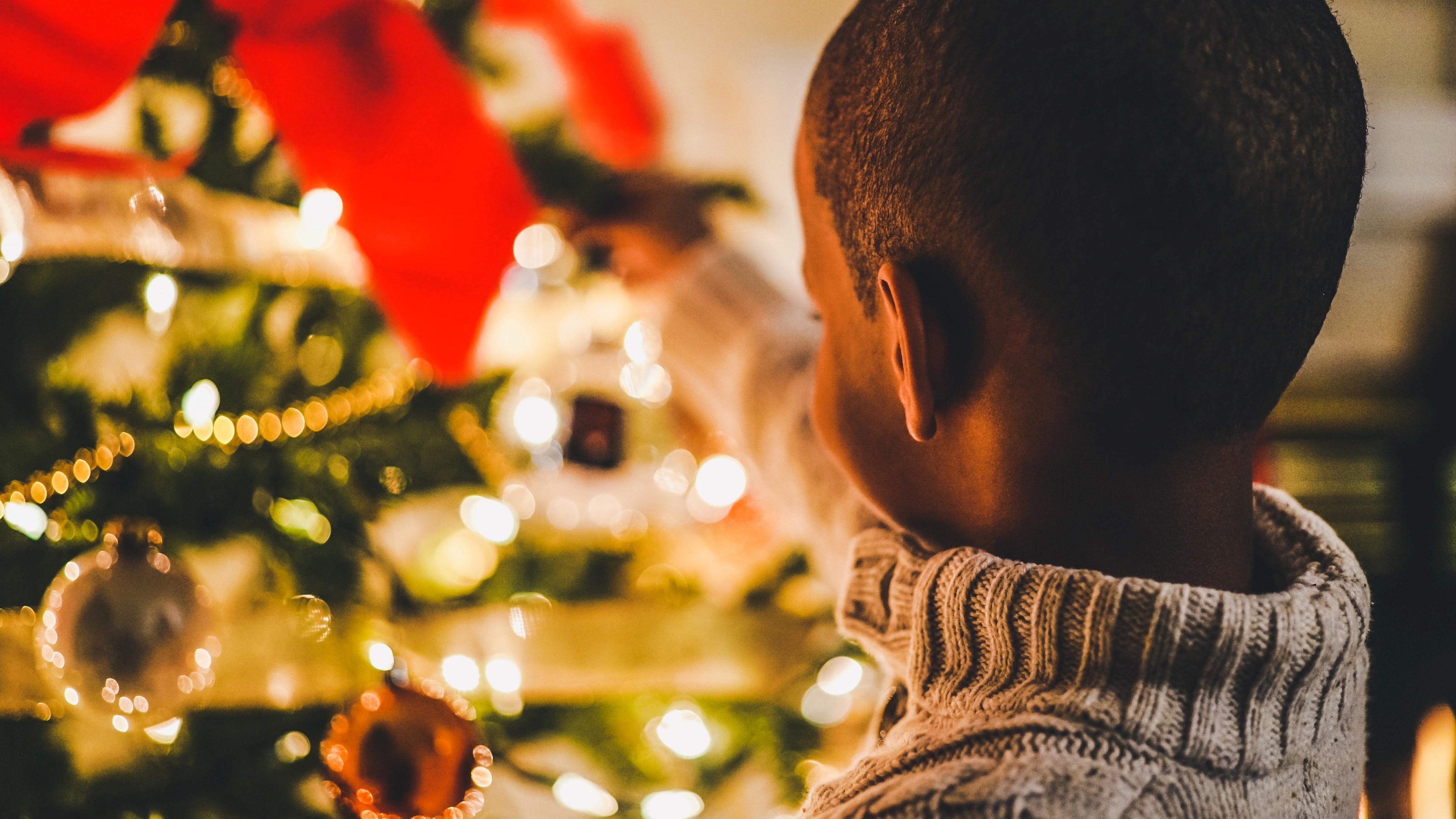A young boy hanging a decoration on a Christmas tree.