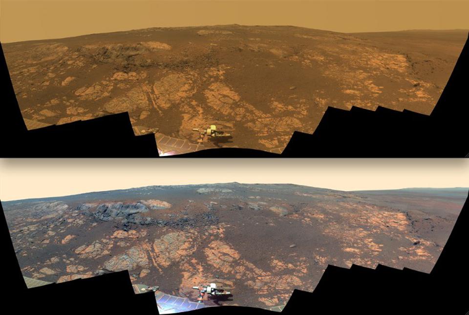 https specials images.forbesimg.com imageserve 5c4102db31358e6b3732eb44 The same panoramic composite image of Mars shown with two different
