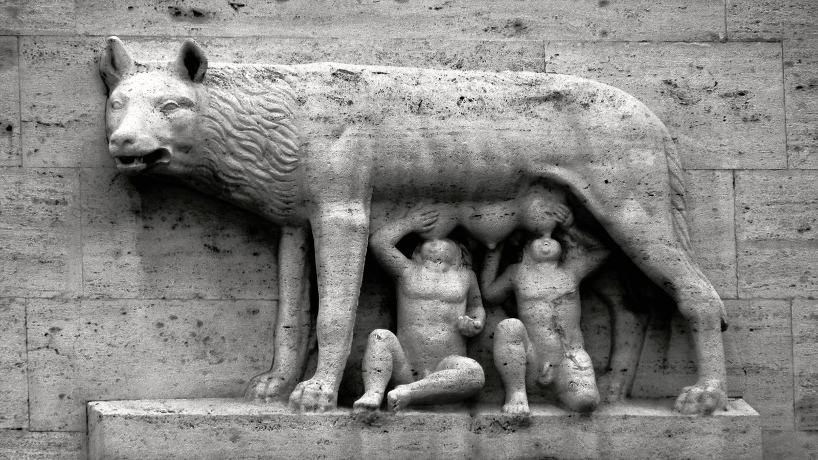 A statue depicting Romulus and Remus being nursed by a she-wolf.