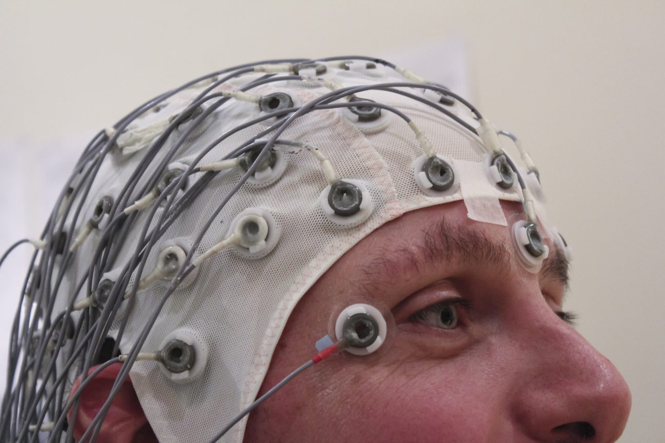 A study participant in an EEG cap.