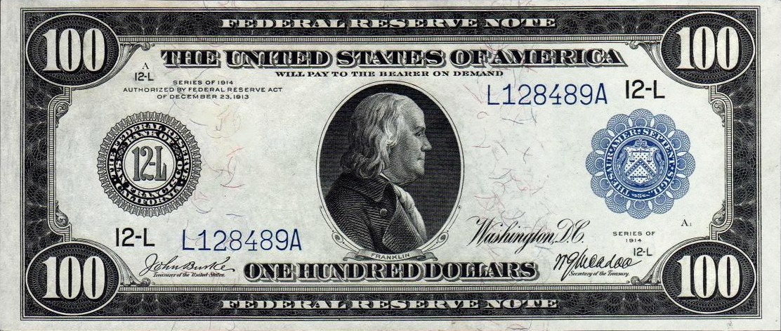 A 1914 U.S. $100 bill featuring Benjamin Franklin in profile.