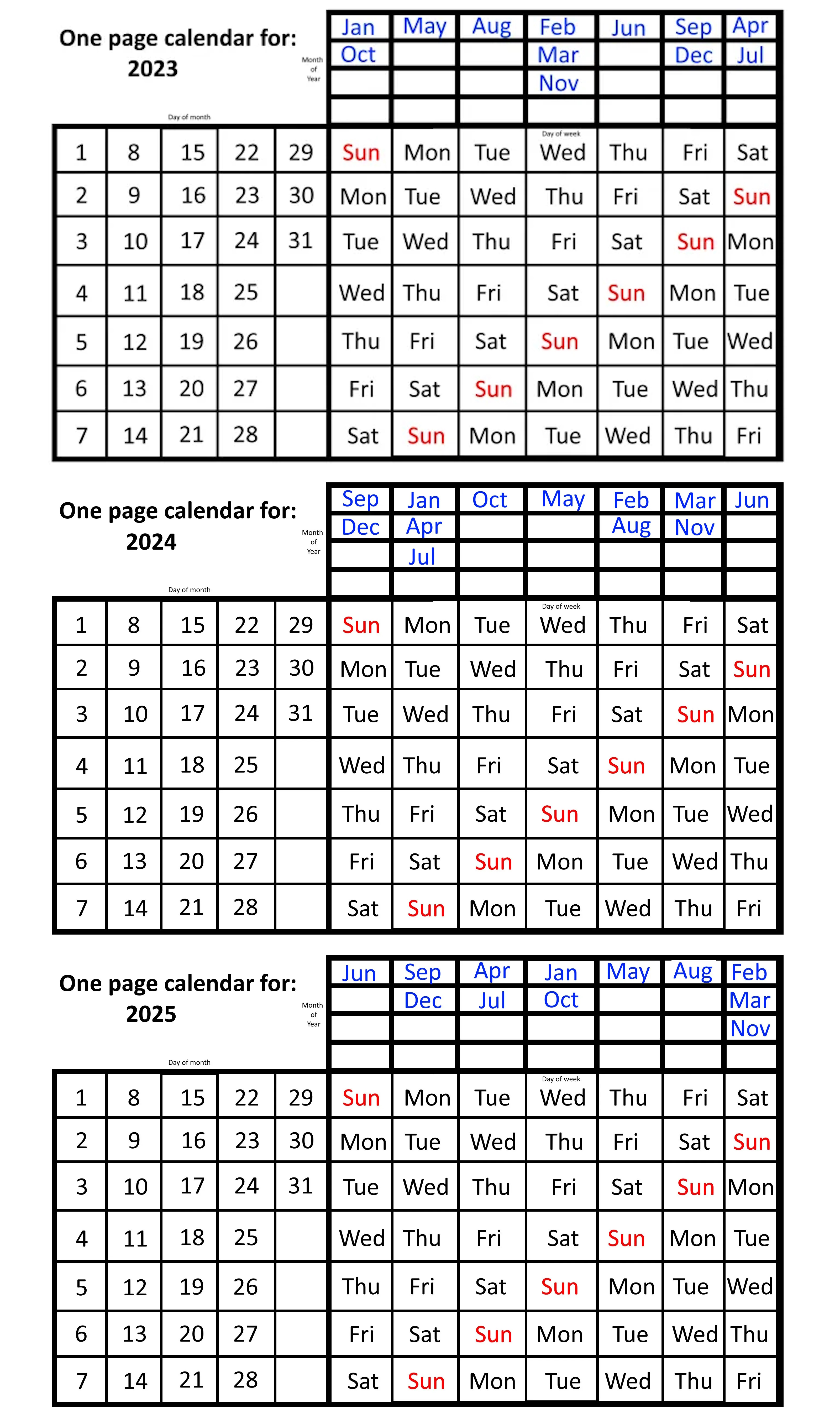 A sleek one-page calendar elegantly displays the years 2023, 2024, and 2025. The months and days are organized in neat tables, with weekends highlighted in bold red for easy reference.