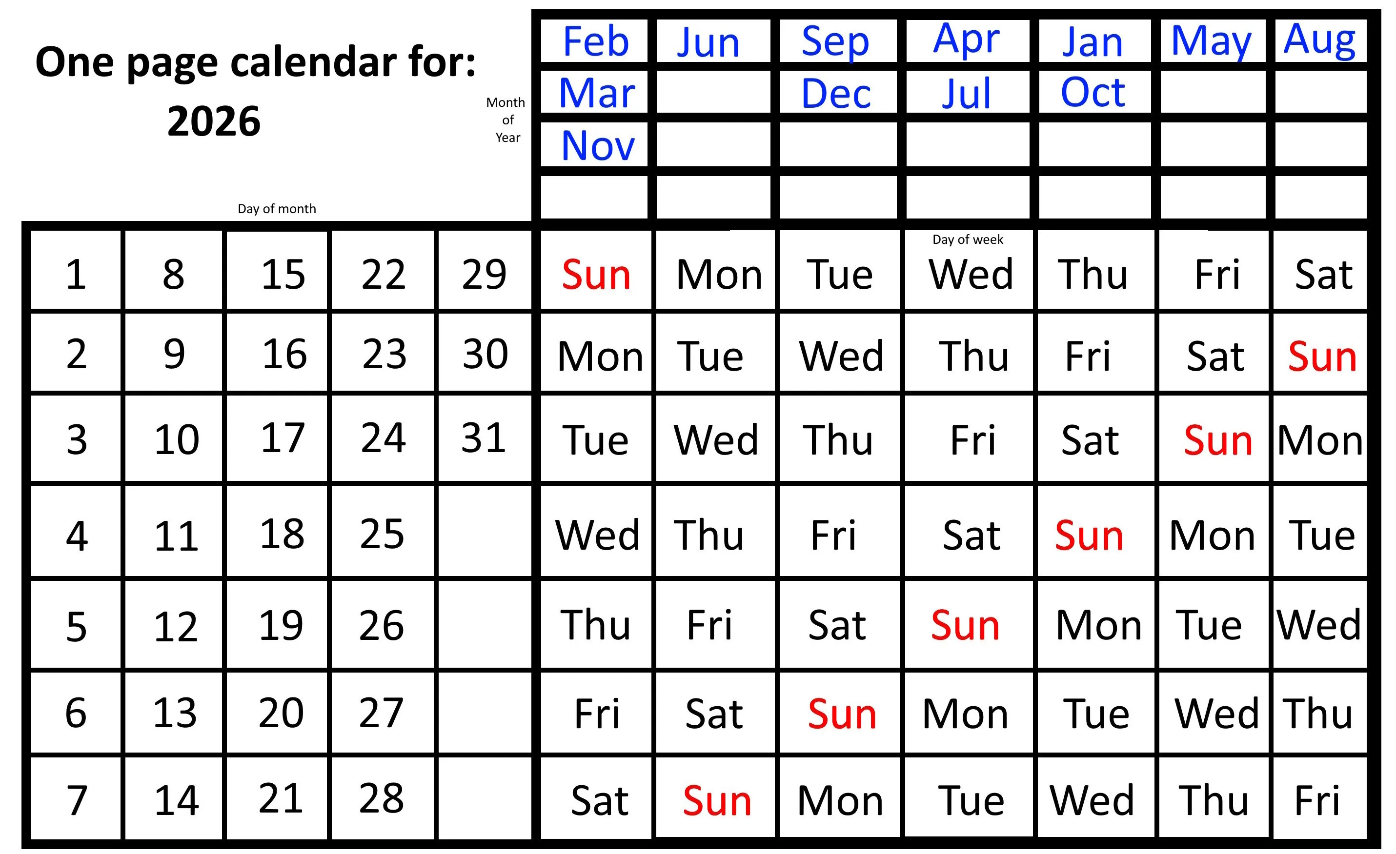 The sleek one-page calendar for 2026 elegantly displays months and days of the week, with Sundays highlighted in red for easy reference.