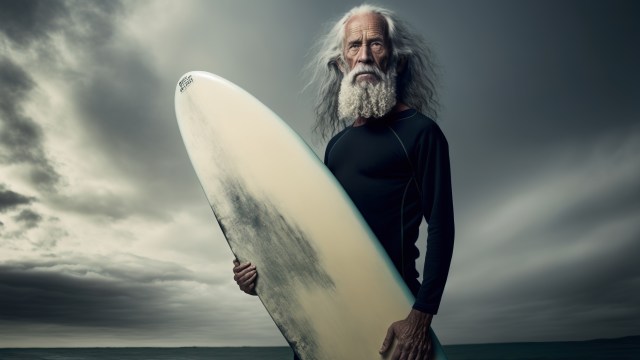 Senior man posing with surfboard by his side