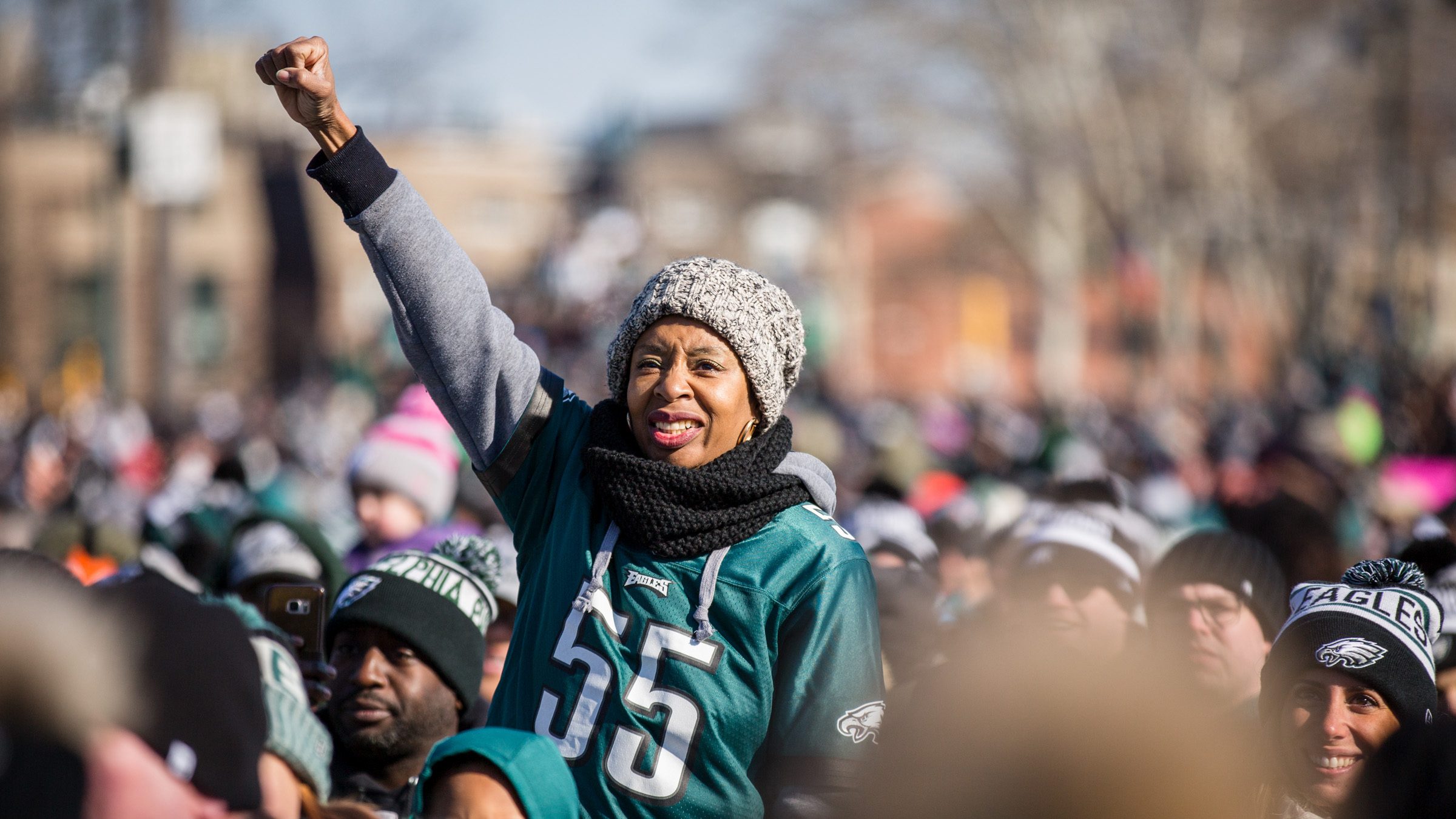 A woman celebrates the Philadelphia Eagles victory in Super Bowl LLII.