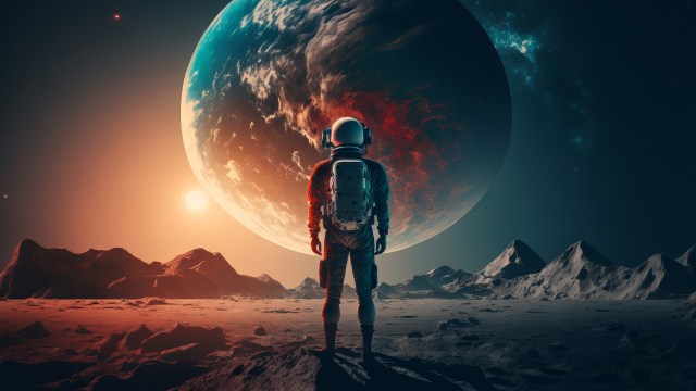 astronaut looking at Earth-like planet