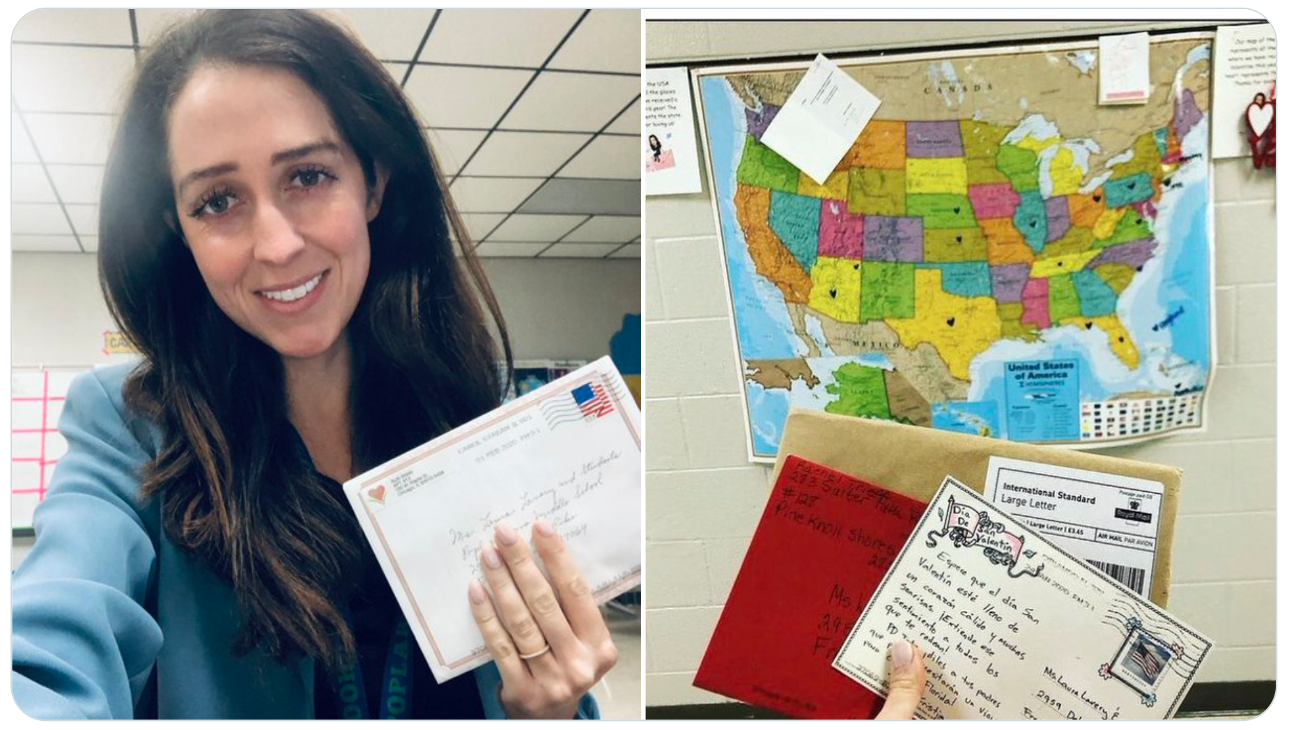 On the left, a woman holding a letter. On the right, a map of the U.S. and someone holding several letters.