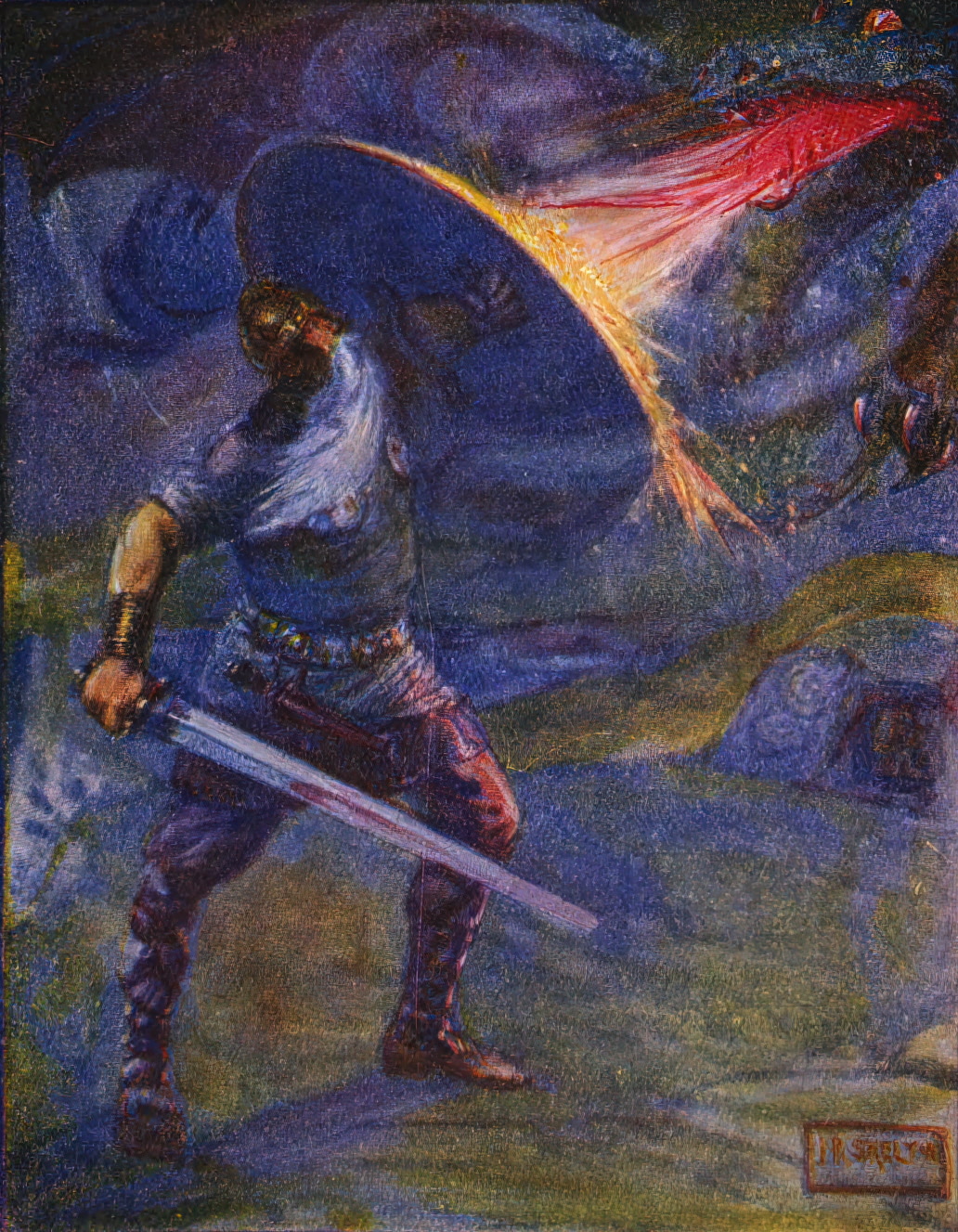 Beowulf raises his shield to protect himself from the fiery breath of the dragon.