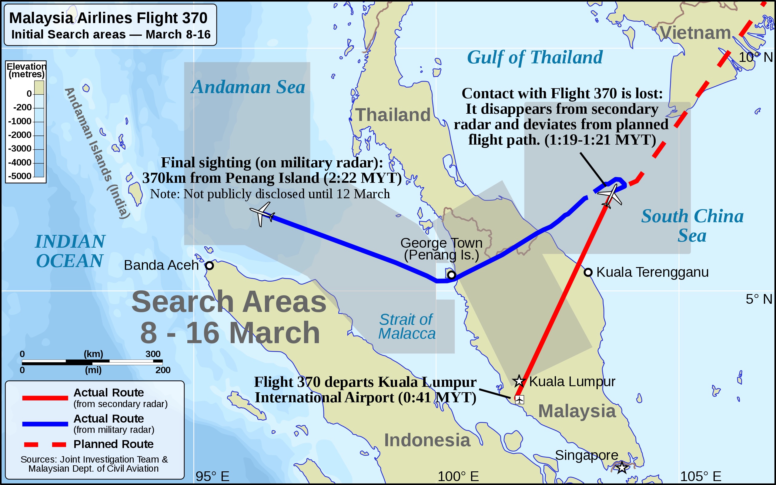 Map and timeline of flight MH370.