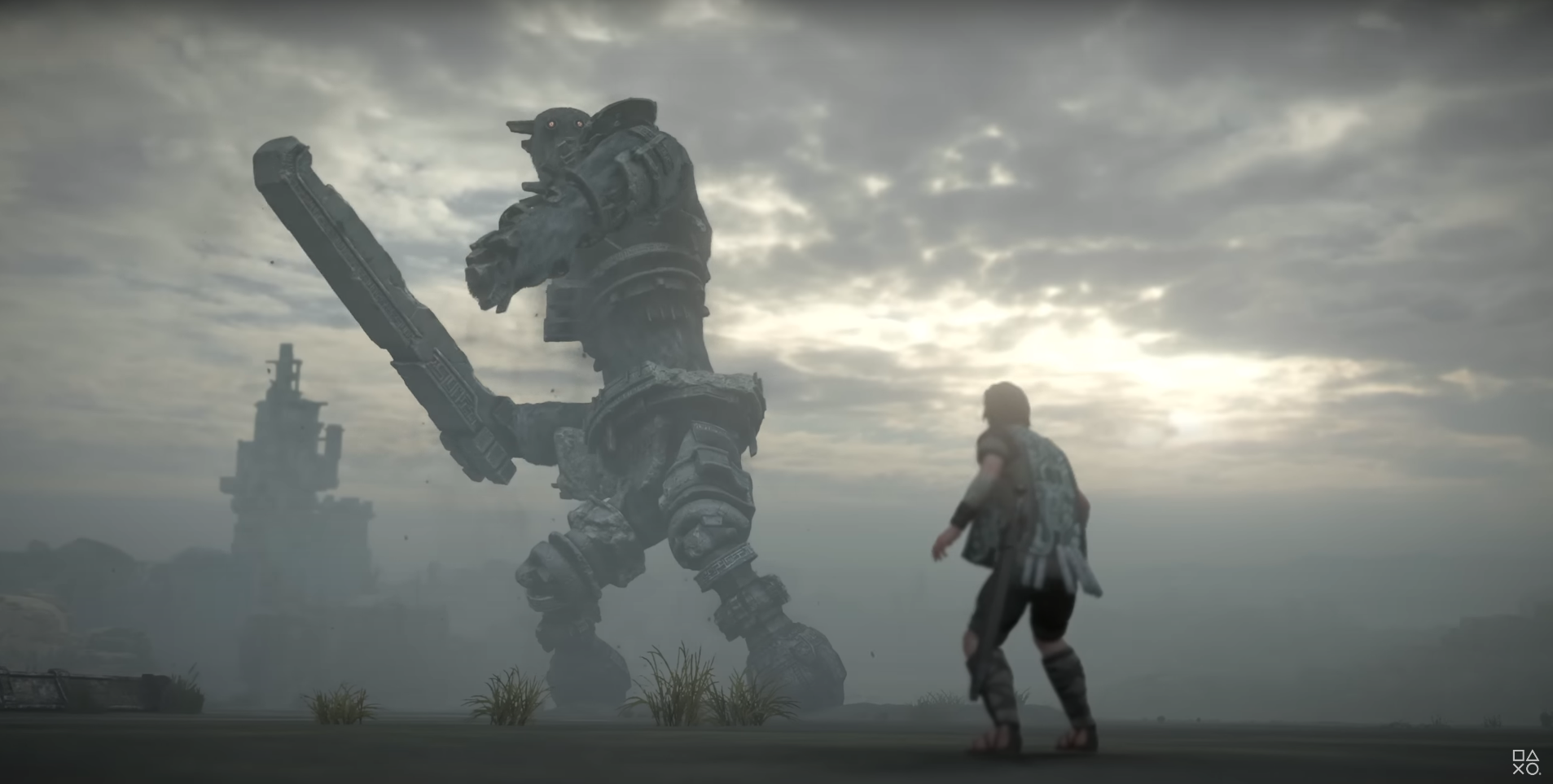 A screenshot from Shadow of the Colossus showing the hero Rogue fighting one of the game's colossi.