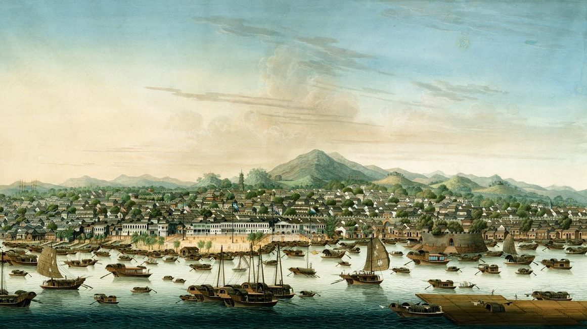 a painting of a city with boats in the water.
