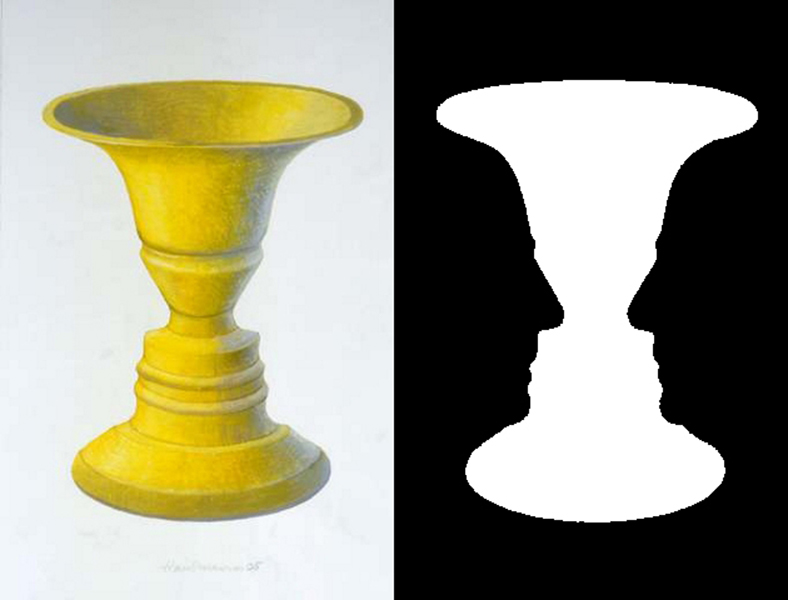 a drawing of a yellow vase next to a drawing of a white vase.