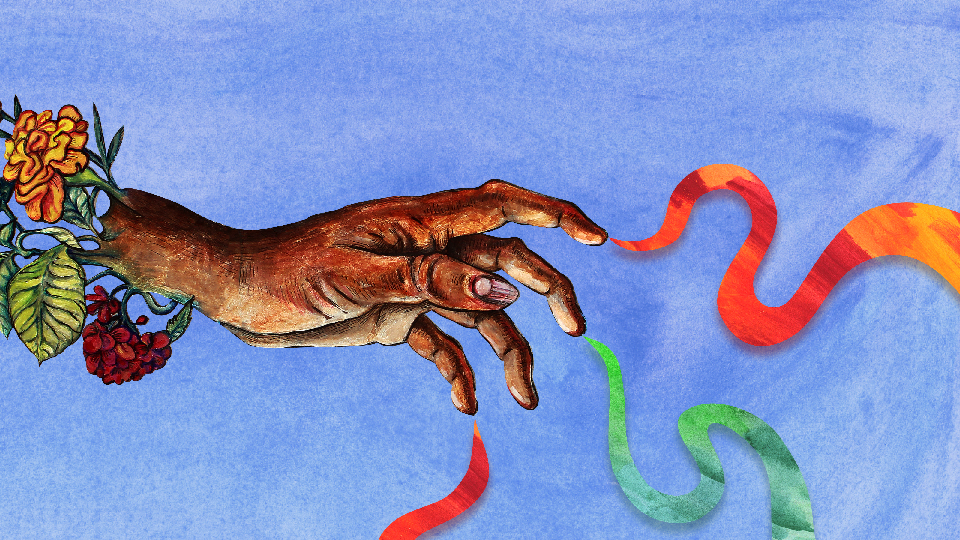 a painting of a hand reaching with colors coming out of it.
