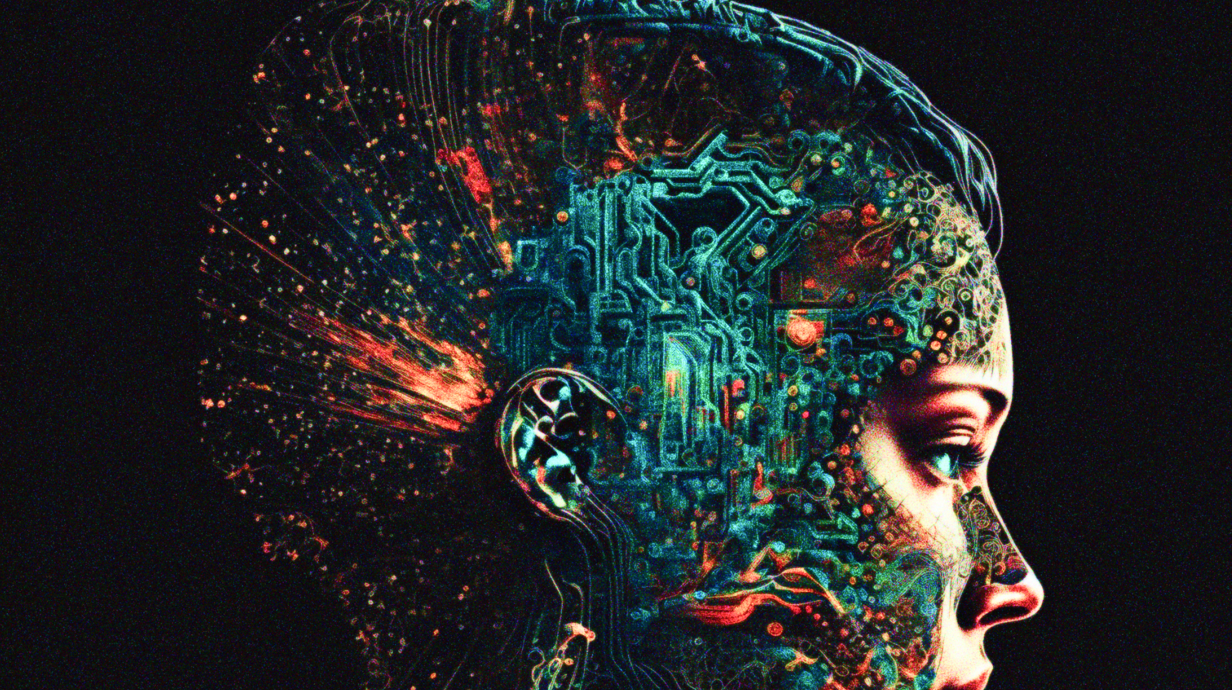 a woman's head with a circuit board on it.