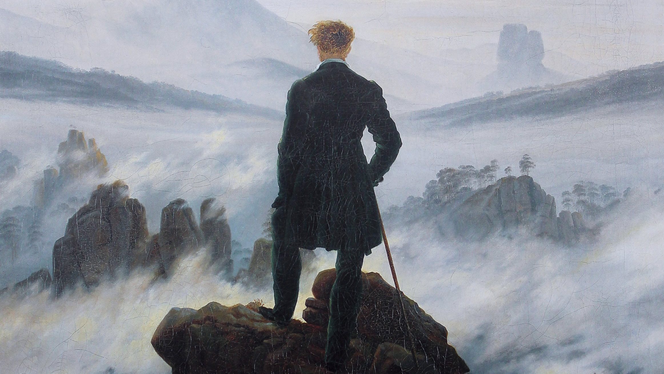 A painting of a man standing on top of a mountain.