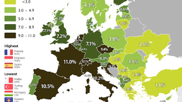 a map of europe showing the percentage of people in each country.