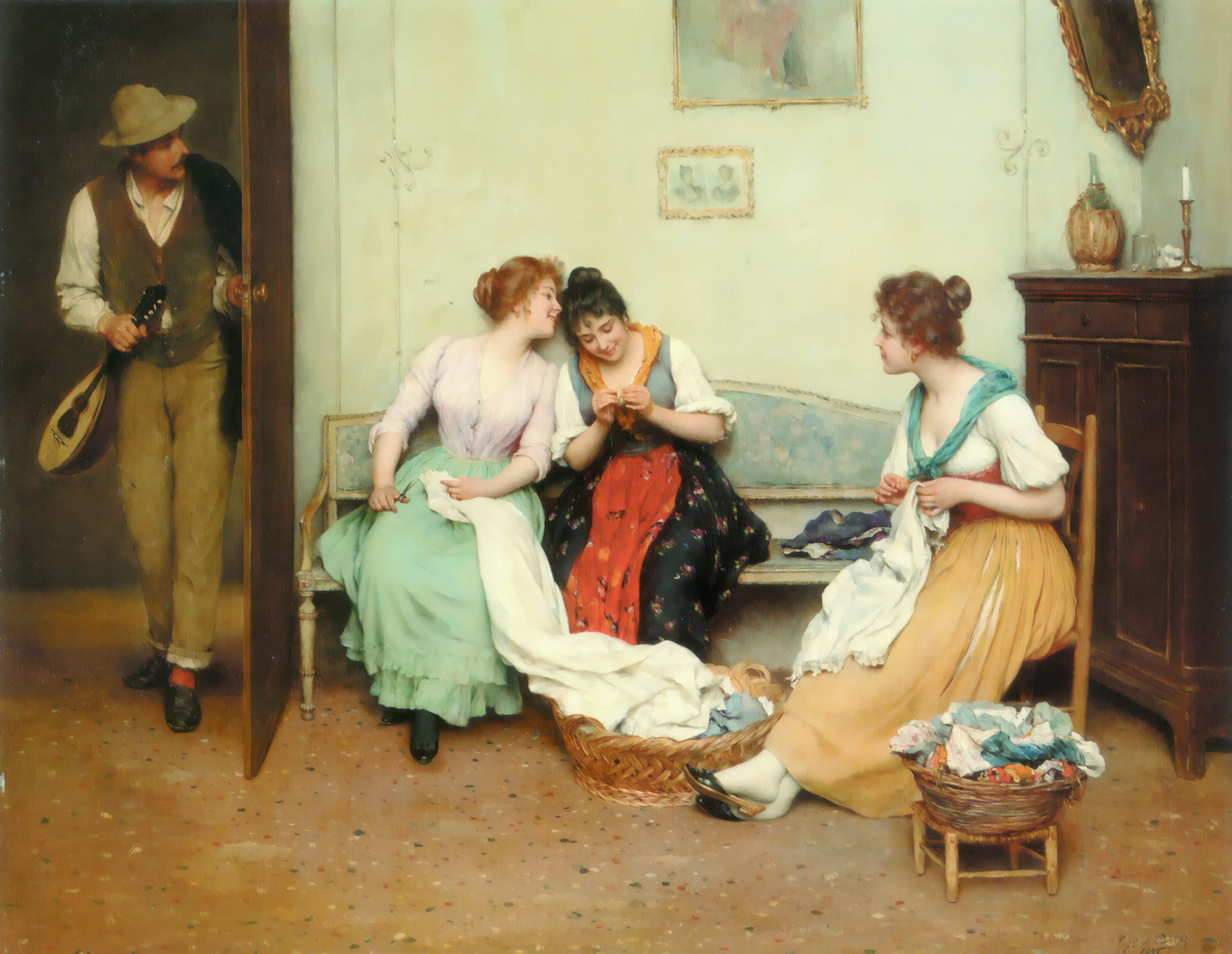 a painting of three women sitting in a room.