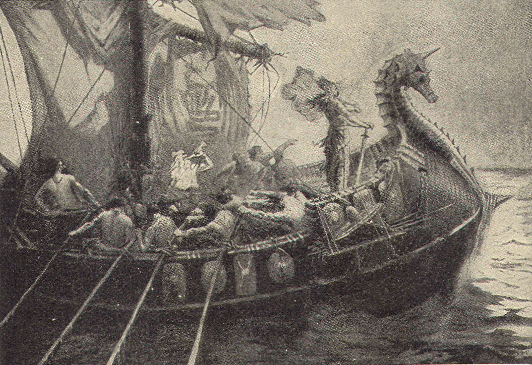 a drawing of a boat with people on it.