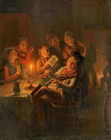 a painting of a group of people around a table.