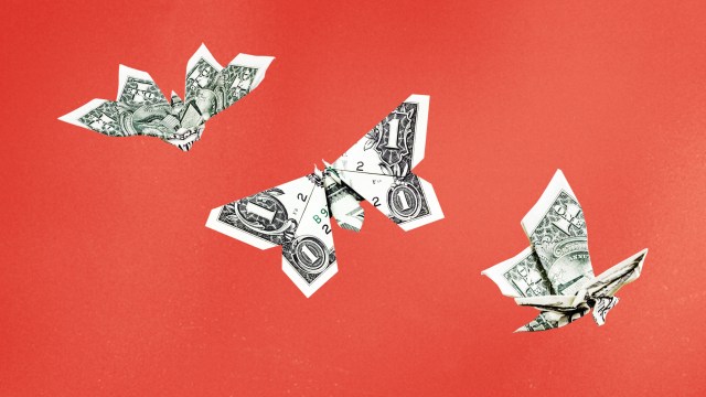 a red background with dollar bill origami airplanes.