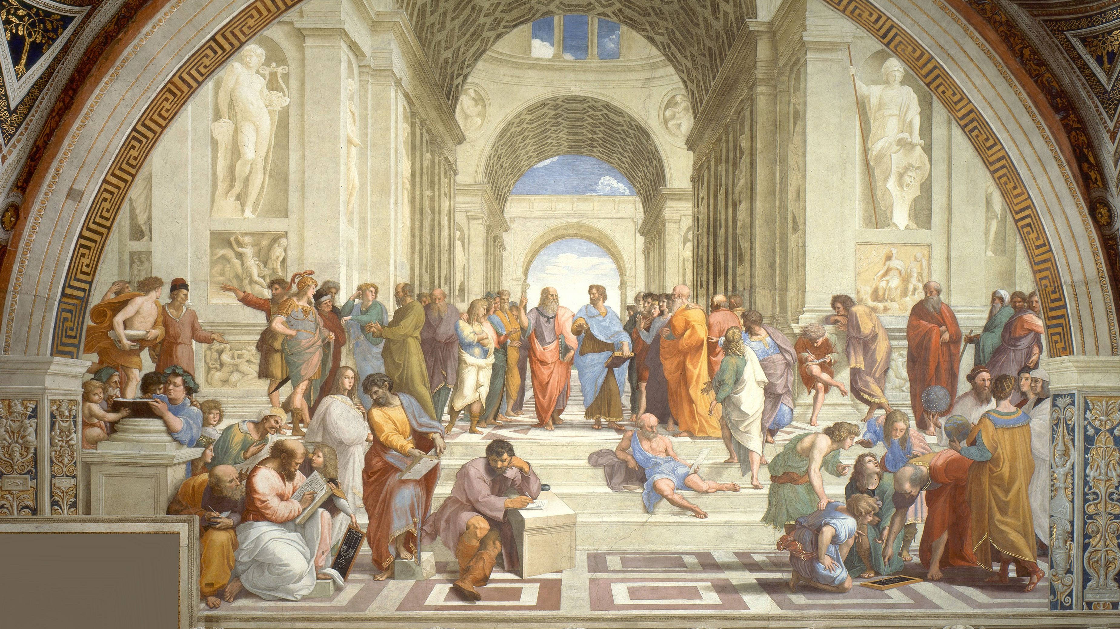 Plato and Aristotle debate in Raffaello Sanzio da Urbino's painting "The School of Athens."