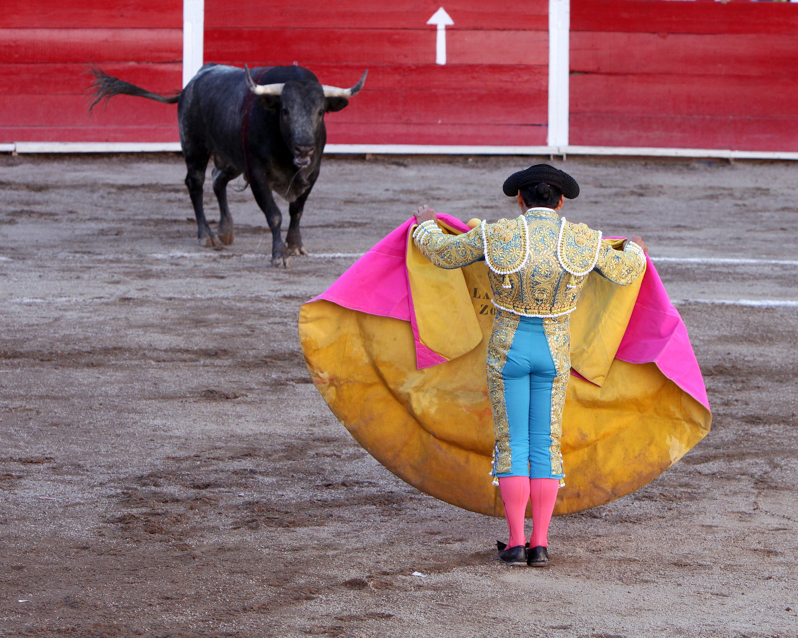 a bull and a matador in a bull ring.