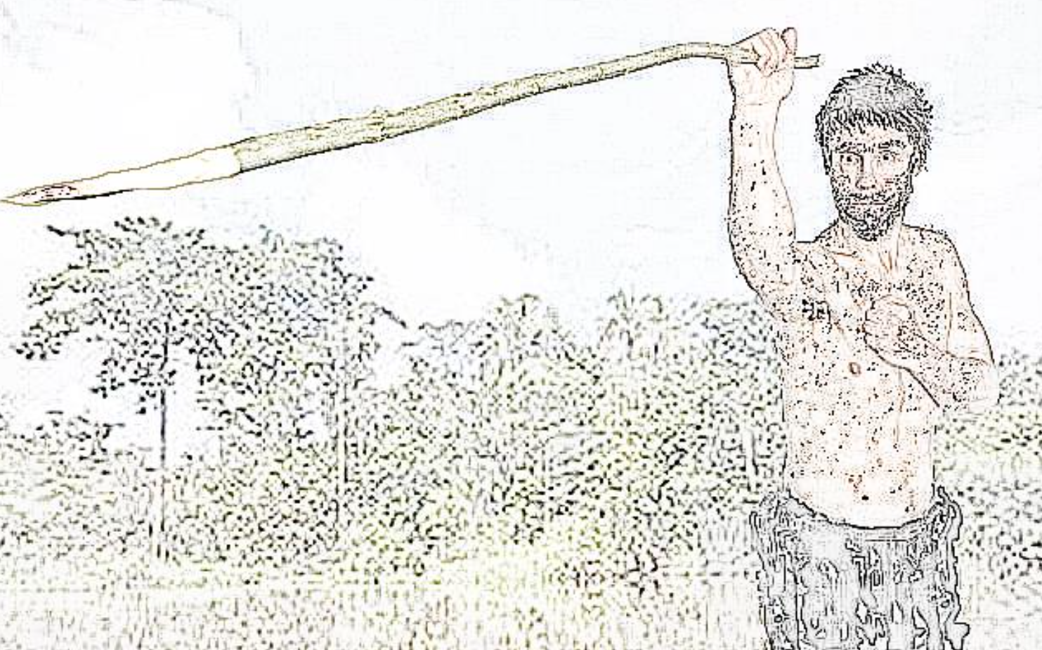 a drawing of a man holding a spear