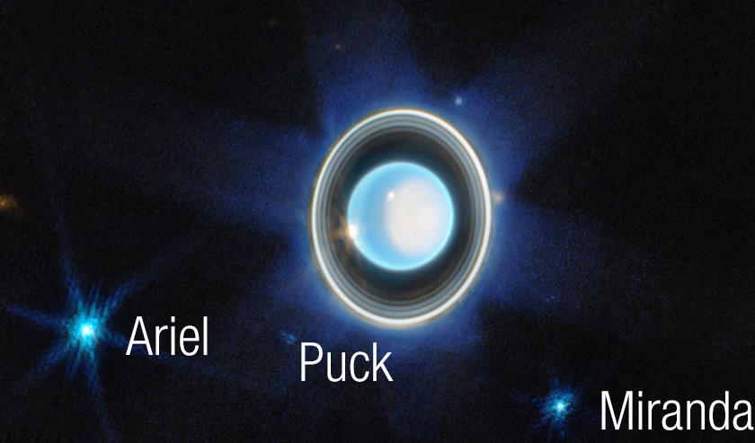 Uranus with rings, Ariel, Miranda, and Puck