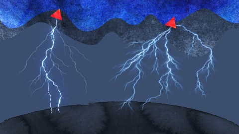 a drawing of lightning striking over a mountain.