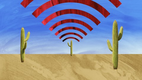 a painting of a desert scene with a red wifi symbol.