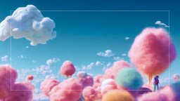a person standing in a field of cotton candy.