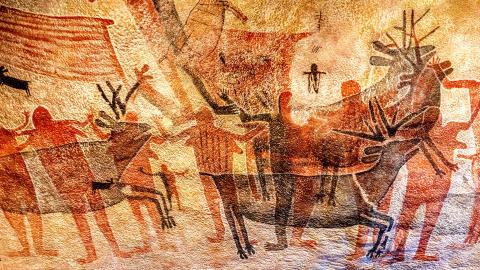 a painting of a group of people riding horses.