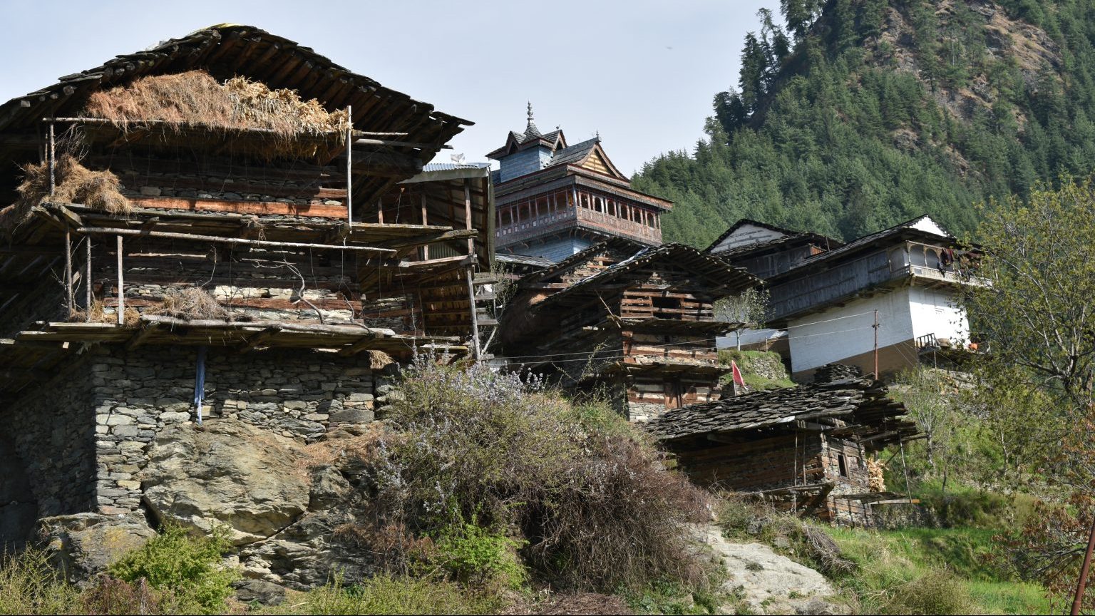 a group of wooden buildings sitting on top of a lush green hillside.