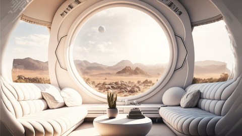 a futuristic living room with a large round window.