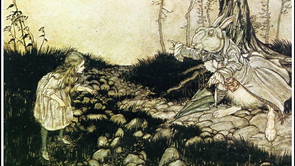 A drawing of Alice talking to the White Rabbit under a tree.