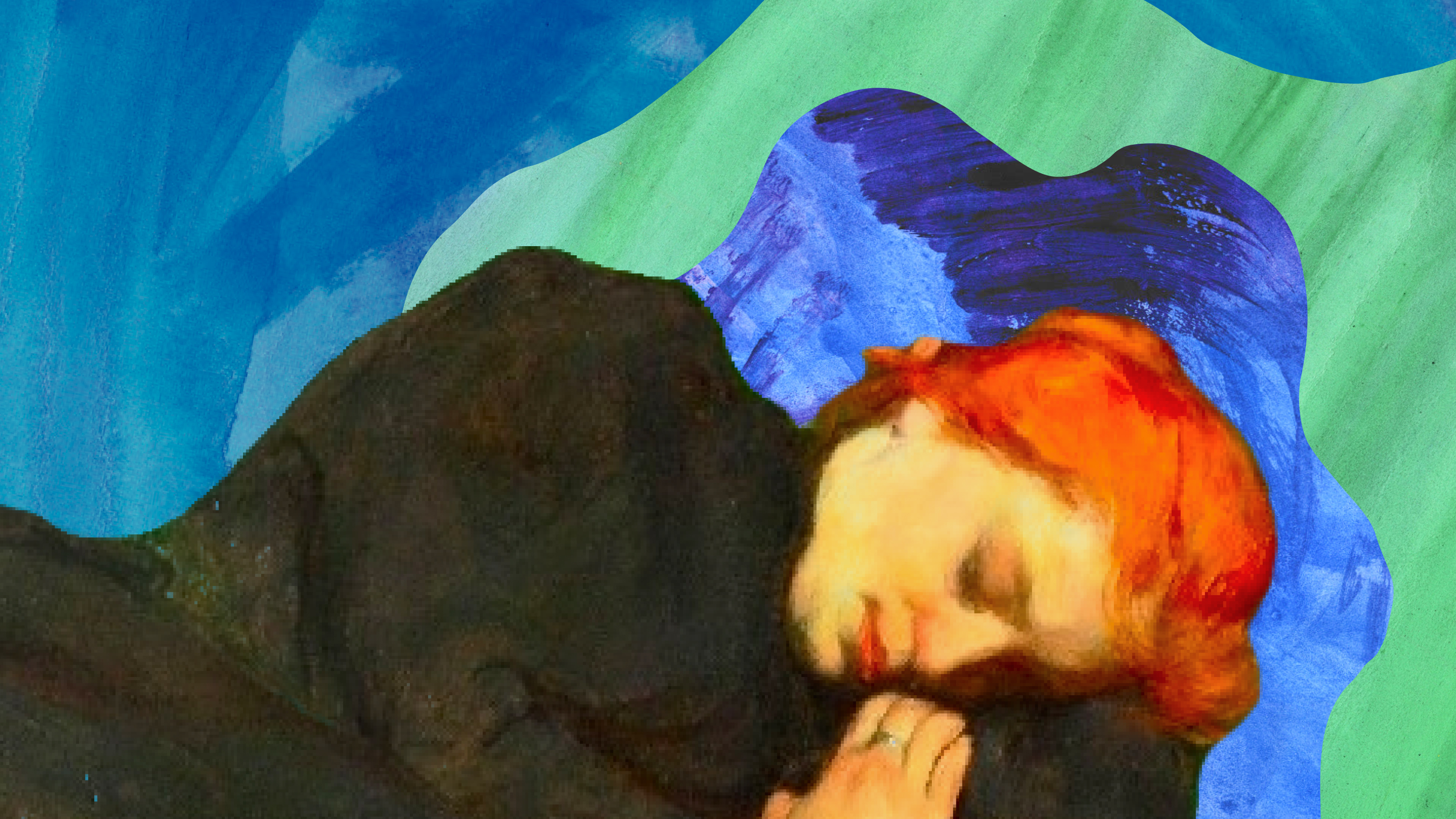 a painting of a woman laying down with her head on her hands.