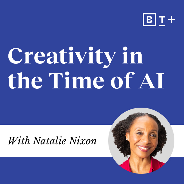 a woman with a blue background and the words creativity in the time of ai.