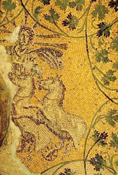 A close up of a mosaic on a wall showing Jesus Christ as Sol Invictus.