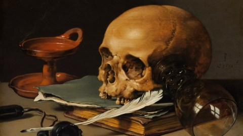 a painting of a human skull on a table.
