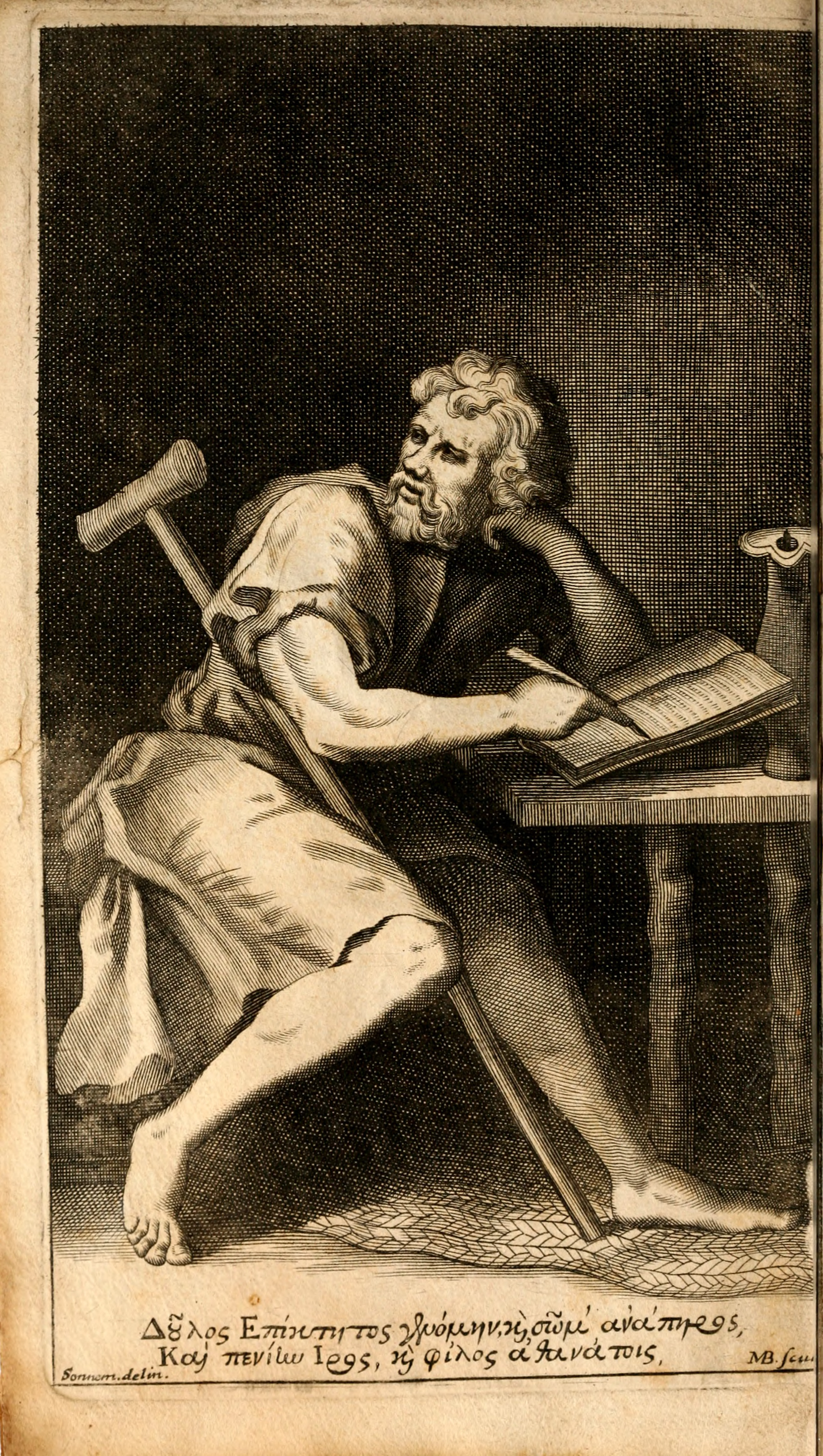 A drawing of Epictetus leaning over a table as he writes.
