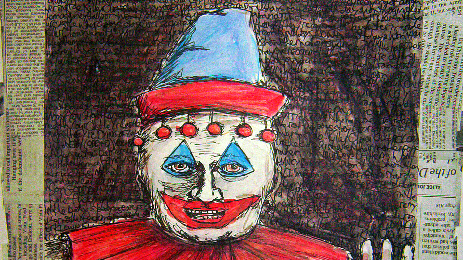 a drawing of a clown wearing a red and blue hat.