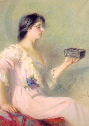 A painting of a woman holding a box.