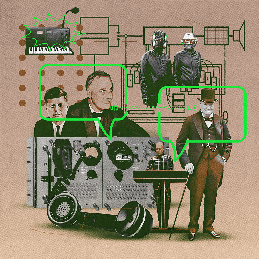 a collage of a man and a woman standing in front of a machine.