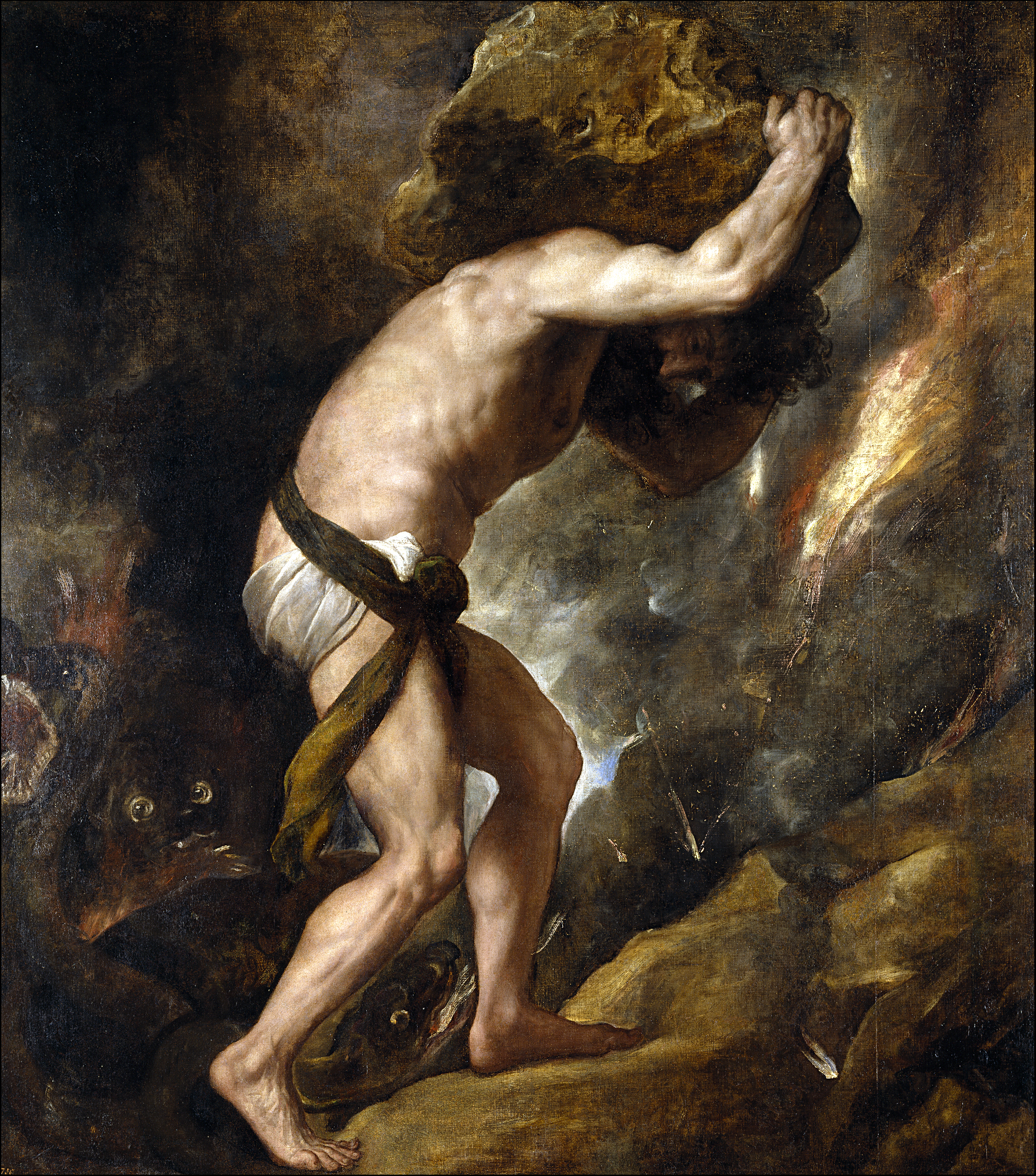 A painting of Sisyphus carrying his boulder uphill.