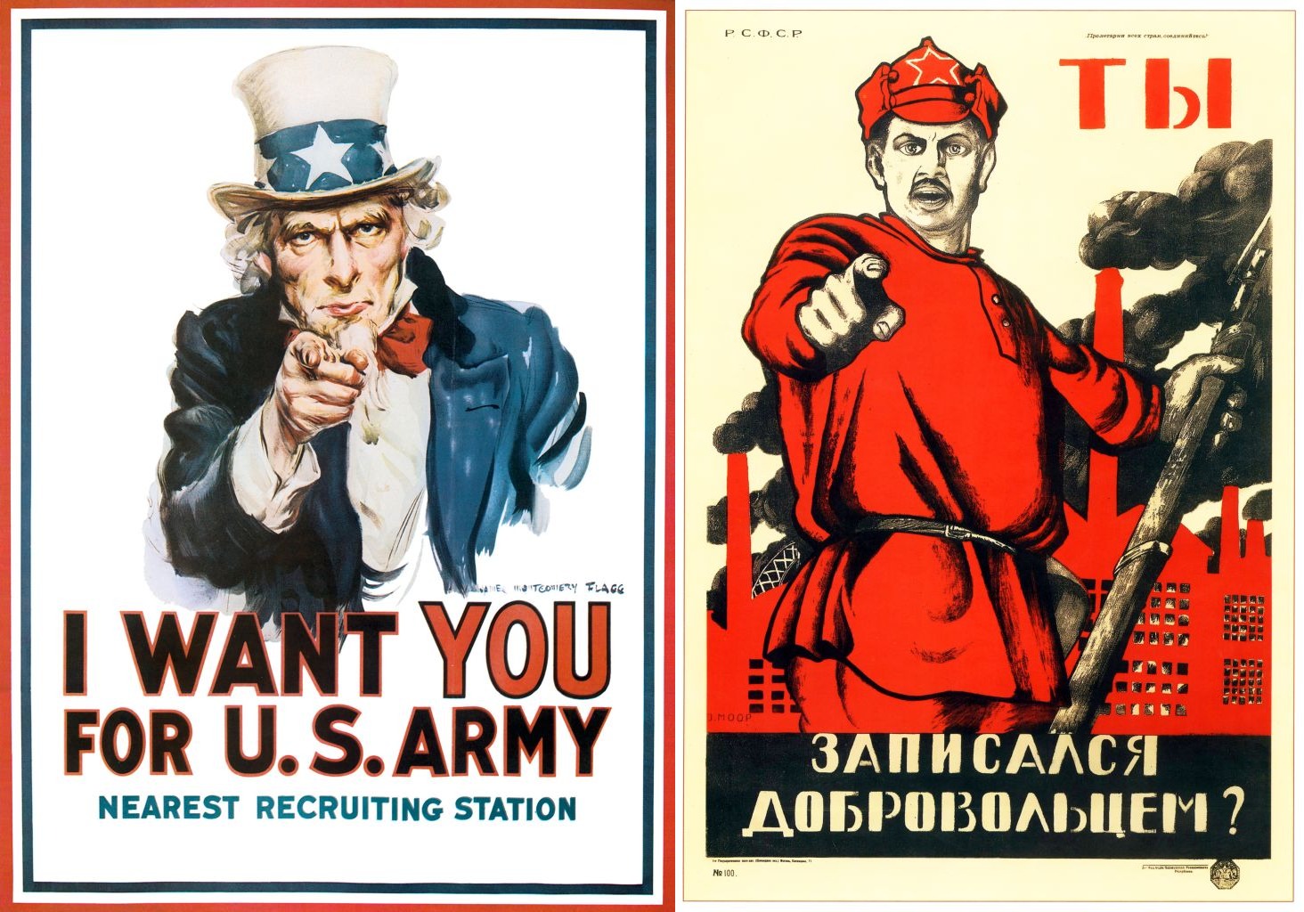 two propaganda posters of a man in a red suit and a man in a red.